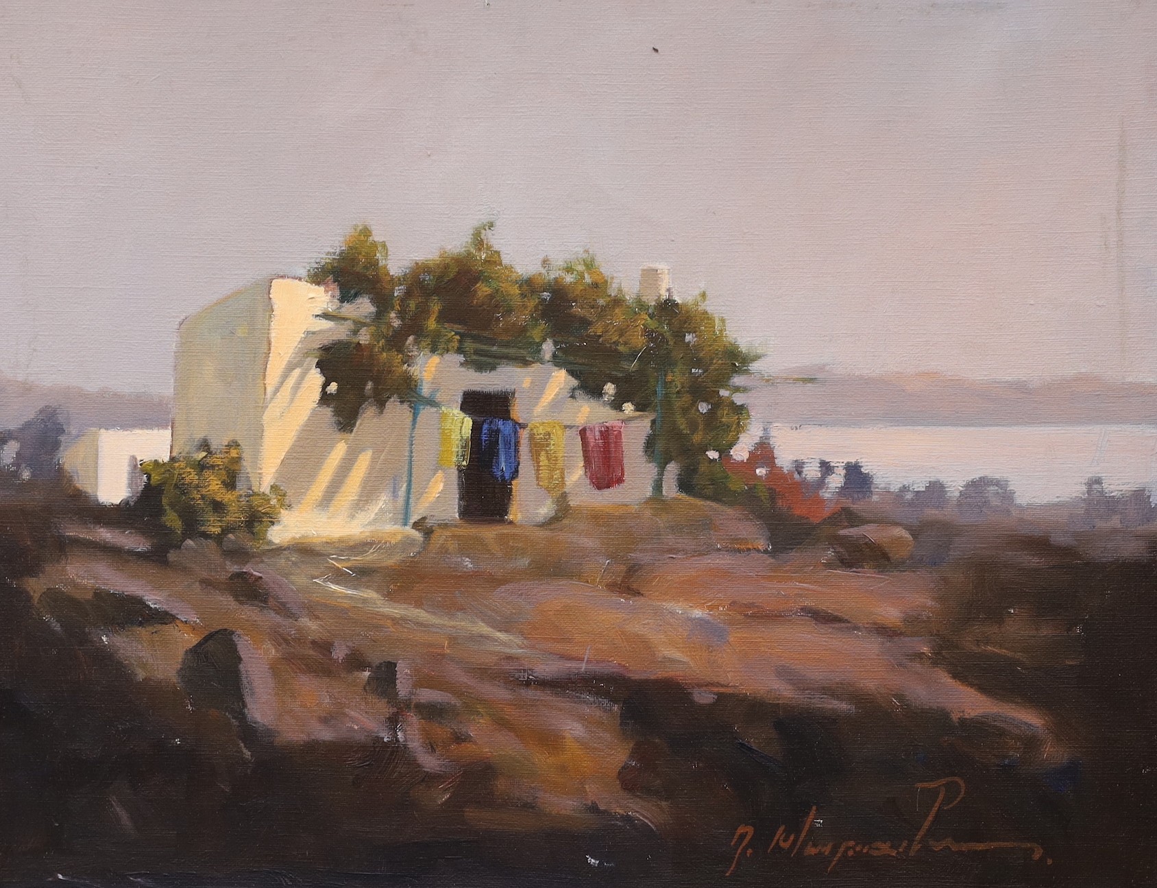 Takis Moraitis (Contemporary Greek), pair of oils on canvas, Mediterranean landscapes, signed, 39 x 49cm